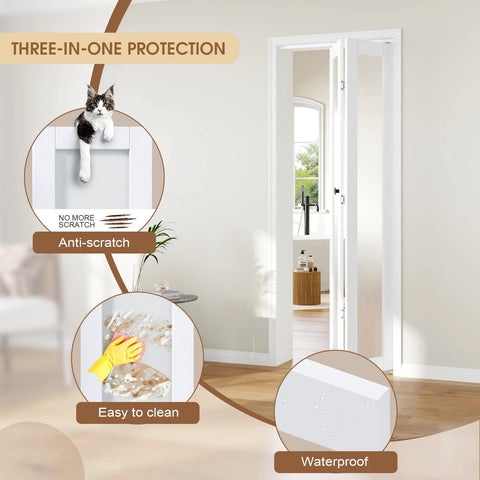 32 Inch Bifold Closet Doors With Full Lite Frosted Glass Panels, Hardware Kit, Preassembled Interior Closet And Pantry Door, Waterproof PVC Surface, Easy Assembly, White, image showing door in use with anti-scratch and easy clean features.