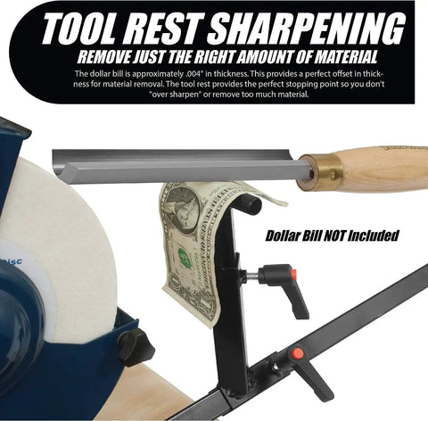 Pro Grind Sharpening System for 8 Inch Grinders with tool rest and chisel sharpening jig, dollar bill for thickness reference