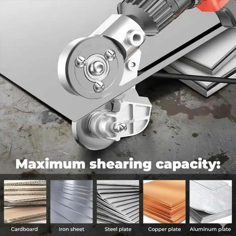 Turn Any Drill Into A Sheet Metal Cutter With This Titanium Drill Nibbler Attachment cutting through metal sheet below drill.