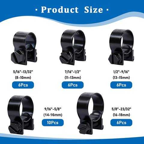 Eoppen fuel line clamp set, 34pcs, five sizes 8–18mm, black; includes 6x8–10, 6x11–13, 6x13–15, 10x14–16, 6x16–18mm.