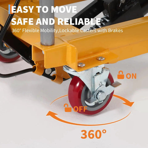 Close-up of hydraulic lift table cart wheel with yellow frame, red swivel caster, and lockable brake, 360° mobility.