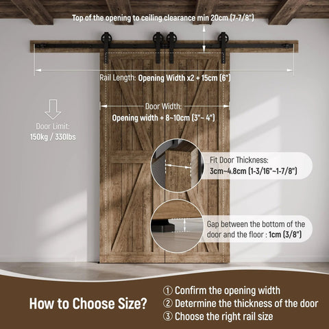 Diagram showing measurements for Sliding Barn Door Hardware Kit For Closet Cabinet Track System with door and rail size guidance.