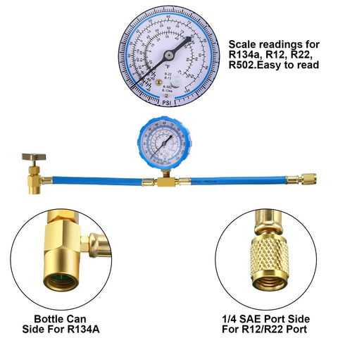 Mudder BPV31 piercing tap valve kit, 2-pack with blue hose, brass fittings and gauge for R134a charging.