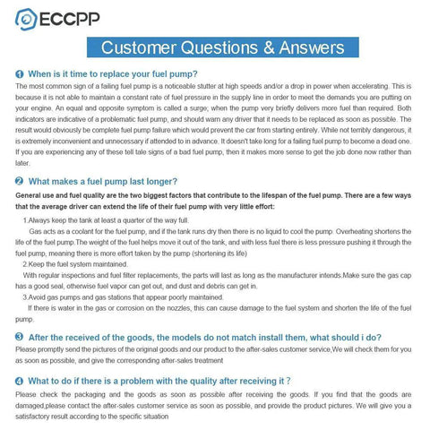 ECCPP customer questions and answers page on fuel pumps for Ford F150, F250 1999-2004, detailing replacement and lifespan tips.