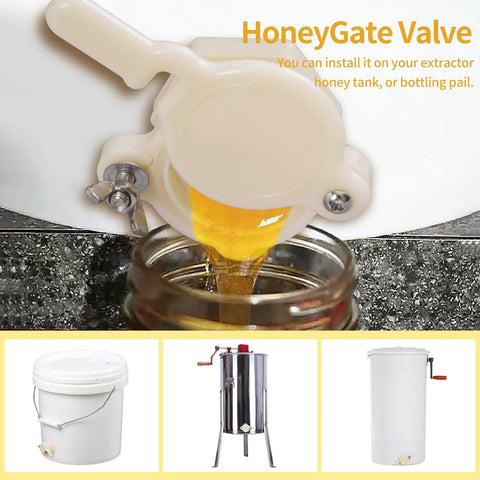Honey gate valve for 5-gallon bucket, white plastic with metal lever and screw mount, beekeeping supplies