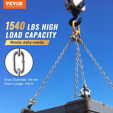 Grade 30 Chain Quarter Inch By 100 Feet Zinc Plated Proof Coil Chain used for lifting heavy load, shown in use on construction crane.