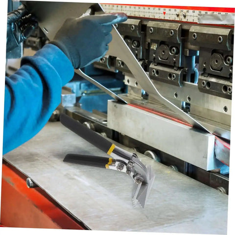 Worker using 2 Piece Manual Sheet Metal Seamer Set For Edge Forming And Flattening with Duckbill Pliers on metal sheet