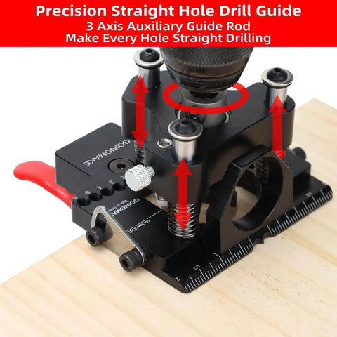 3 Axis Concealed Hinge Jig Ultra with extra 35mm hinge hole drill guide and quick clamp on wooden surface for precise drilling.