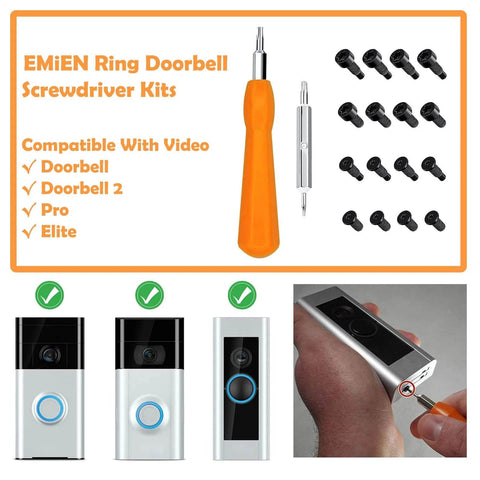 Doorbell Screwdriver Kit With 16 Pieces Screws Torx T6 And T15 Bit Set for Ring Pro and Elite models shown with parts displayed.