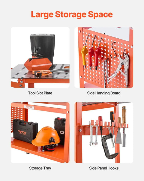 Beefy 40-Inch By 24-Inch Welding Table On Wheels With 800 Lbs Static Load And 600 Lbs Dynamic Capacity, displaying tool slot plate, side hanging board, storage tray, and side panel hooks.