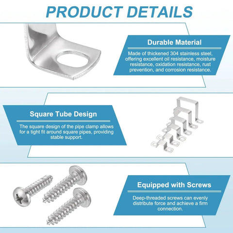 Product details of 4 Pack 40x40mm Square Pipe Clamp Set 304 Stainless Steel U Shaped Connector Bracket with screws and close-ups