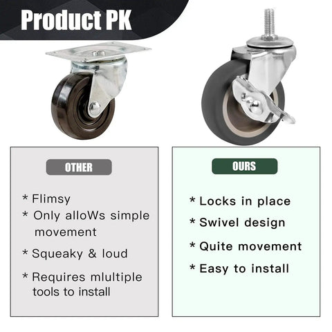 BAISASY 3-inch caster wheels with threaded stems (M8-1.25), set of 4, heavy-duty with brakes, front and side views.