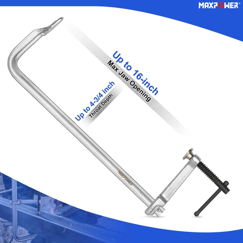 Heavy Duty F Clamp Set, 16 Inch Opening, 4.75 Inch Throat Depth, 2 Pack Weld Clamps, Forged Steel Construction in packaging.
