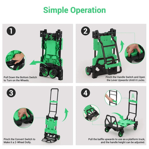 Steps for using 2 In 1 Folding Hand Truck With Foldable Basket For Luggage And Groceries, Convertible Dolly Cart With 4 Wheels and Retractable Handle