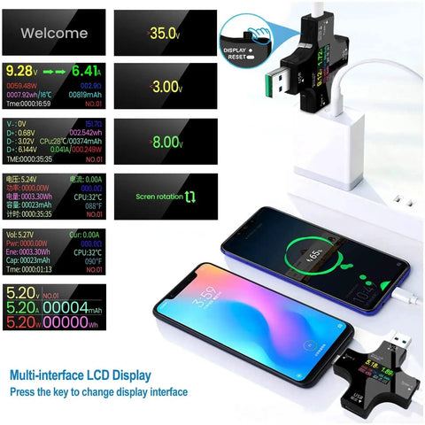 USB C Power Meter And Voltage Current Tester 2 In 1 Digital Multimeter connected to smartphones showing charging status.