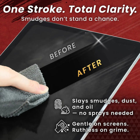 Image showing a hand using the Japanese Microfiber Samurai Cloth For Phones Laptops Screens And Lenses 2 Pack, cleaning a tablet screen, displaying before and after results of streak-free clarity.