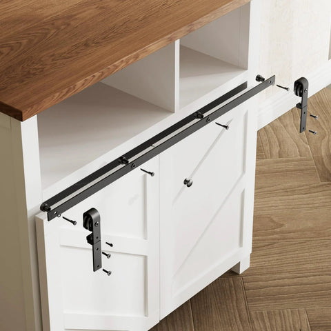 Upgraded 3ft Mini Folding Sliding Barn Door Hardware Kit for Two Doors, Easy Install on white cabinet, smooth nylon rollers visible.