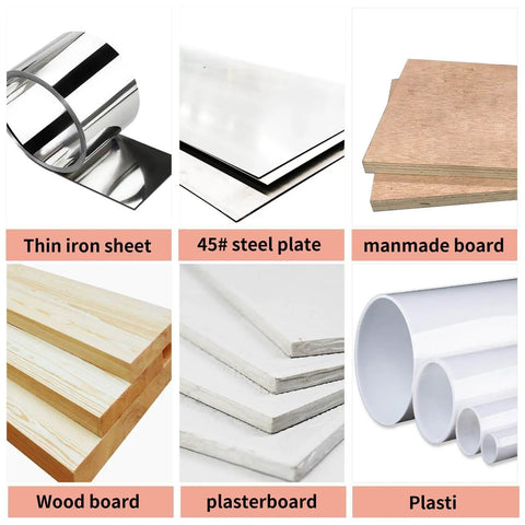Collage showing thin iron sheet, 45# steel plate, manmade board, wood board, plasterboard, and plastic tubes materials.