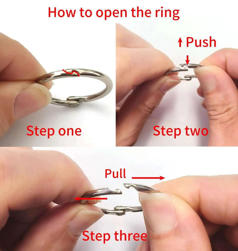 Step-by-step guide showing how to open a metal ring using hands with close-up images at each step.