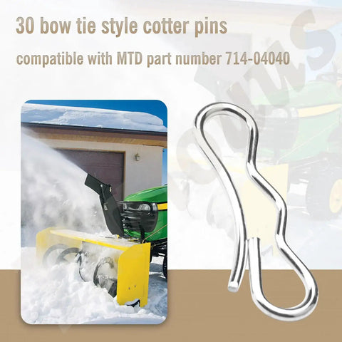 Image of 30 Pack Bow Tie Cotter Pins for MTD Cub Cadet Troy-Bilt Craftsman and more, compatible replacement for lawn mowers and snow throwers.