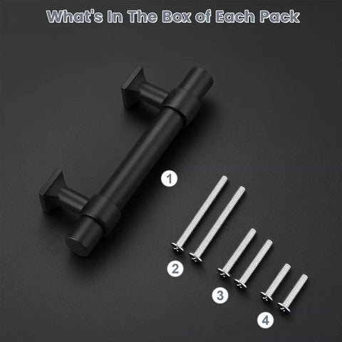 Package contents showing a matte black 6 pack stainless steel cabinet handle, screws, and accessories.