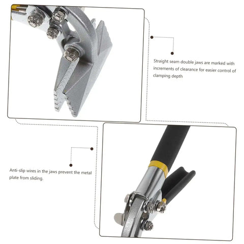 Close-up of Beefy Heavy Duty Metal Flattening Tool and Duckbill Pliers for seamers showing locking jaws and non-slip handle