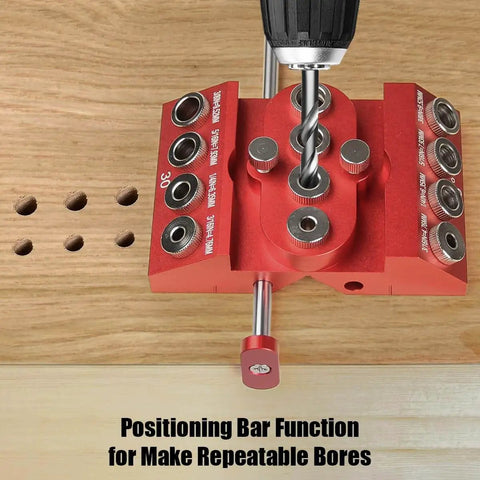 Pro Grade 30 45 90 Degree Drill Guide Jig For Straight Holes With Detachable Bushings And Positioning Bar in use on wood