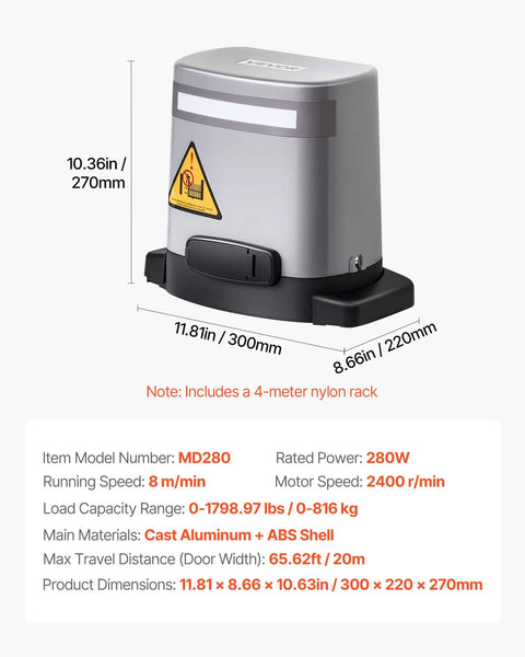 Solar Sliding Gate Opener System With 280W Motor for gates up to 65.6 ft and 1799 lbs, shown with dimensions and warning label.