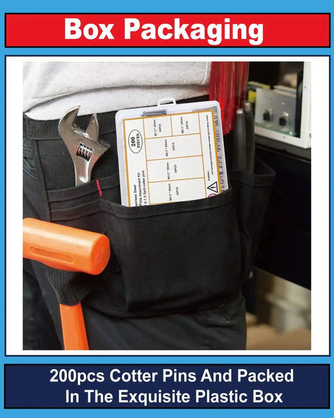 Person with tool belt holding boxed 290 Pcs Cotter Pins In 24 Sizes, 304 Stainless Steel Heavy Duty All In One Must-Have Assortment Kit