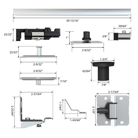 60 Inch Bifold Door Hardware Kit For Four Doors Top Mounted Sliding Barn Style Rails And Rollers with measurements.