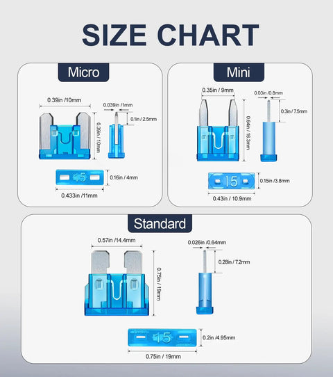 Size chart showing dimensions of micro, mini, and standard fuses from the All In One Car Fuse Kit With 300 Assorted Fuses Micro Mini And Standard Sizes Plus Puller For RV Camper Boat And Truck 2A To 40A Eleven Current Ratings.