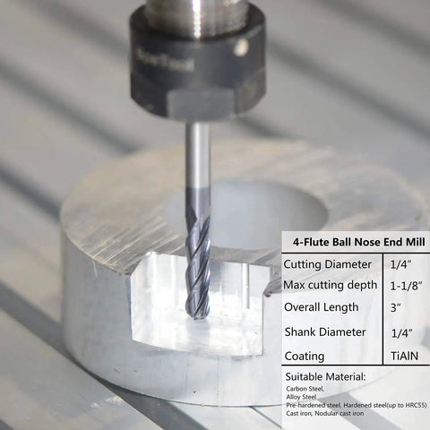 4 Flute Ball Nose End Mill For CNC Milling With Quarter Inch Shank And Quarter Inch Cutting Diameter SpeTool Pro Grade 3 Inch Overall Length Solid Carbide TiAlN Coated, shown installed in CNC router with shank visible