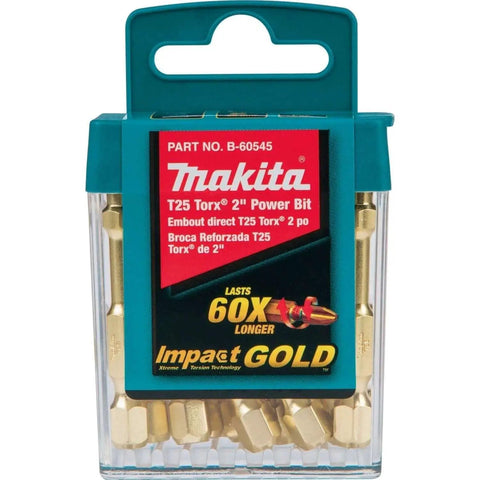 Impact Gold T25 Torx 2 Inch Power Bit For High Torque Drivers With Precision Fit Tip To Prevent Cam Out And Max Durability Makita B60545 15 Pack For Pro Builders And Weekend Diyers, shown in packaging.