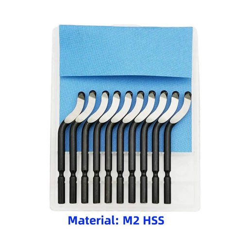 Deburring Tool Kit With Metal Handle Chamfer Tool Six And One Half Inch For Aluminum Brass Plastic Pipes Tubes And Holes Includes Extra 10 HSS Blades In Handy Storage Case displayed in a blue-lined case.