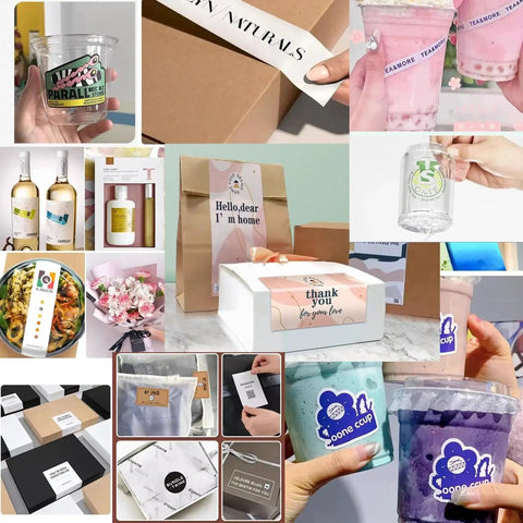 Collage of products using Vinyl Sticker Paper For Inkjet And Laser Printers Waterproof Glossy Self Adhesive Labels 8.5 By 11 Inches 26 Sheets Quick Dry Tear Resistant Great For Photos Scrapbooks Posters And Cutting Machines, including bottles, cups, and packaging with custom labels.