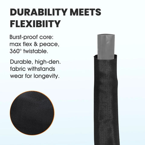 Haeteir 2025 upgraded 100 ft non-expanding garden hose, side view, black fabric exterior.