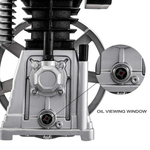 Close-up of oil viewing window on Beefy 3HP Industrial Air Compressor With 11 CFM Output, 1300 RPM Twin Cylinder Aluminum Head