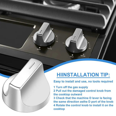 Easy Swap 5 Pack Gas Range Knob Replacements For Oven And Stove Controls Replaces W11122869 And W10850033 shown with installation tips