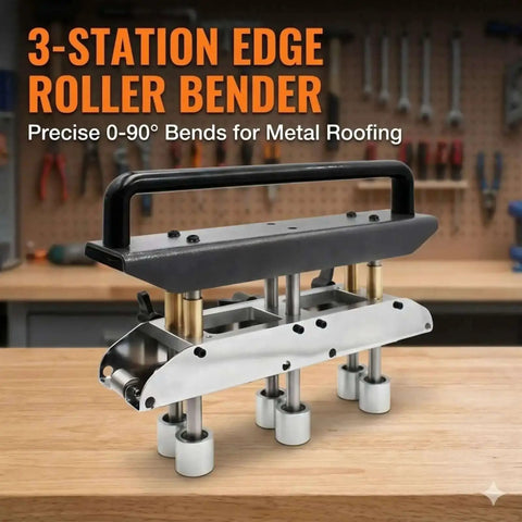3 Station Edge Roller Bender For Sheet Metal Roofing Bends 0 To 90 Degrees Adjustable Depth on a workbench