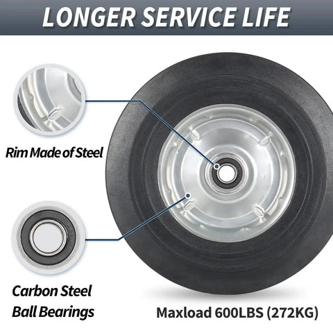 10 Inch By 2.5 Inch Flat Free Solid Rubber Tire With 5/8 Inch Axle Bore Hole And 2 1/4 Inch Hub for Hand Trucks, durable steel rim.