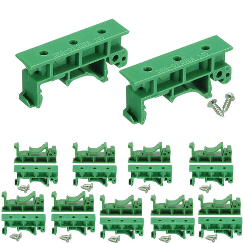 10 Pack DIN Rail Mount PCB Holder Clips for 35mm and 15mm C45, green PA66, compact 43x10x18mm with screws, front view