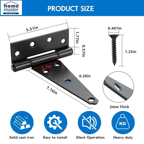 Diagram of 8 Inch T Strap Heavy Duty Shed Door Hinges Black Tee Hinge for Wooden Fences with dimensions and screws shown