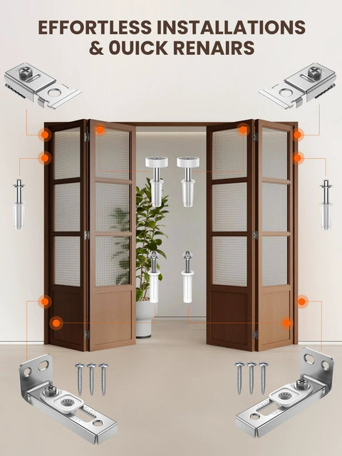 Bi-Fold Door Hardware Repair Kit 4 Pack For 7/8 To 1 Inch Track with components laid out, installed on a folding wooden door