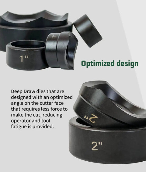Deep draw dies from a Heavy Duty 12 Ton Hydraulic Knockout Punch Kit, showing optimized design for the 1 inch and 2 inch sizes.