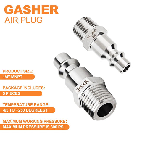 GASHER air plug set, 5 pieces, 1/4 in MNPT, 304 stainless steel, high-flow pneumatic plugs
