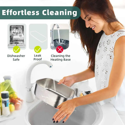 Woman washing 304 stainless steel container of Electric Lunch Box Food Heater On The Go Car And Truck Warmer under running water