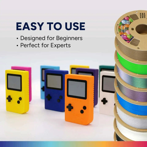 Easy PLA 1.75mm 3D Printer Filament Red, 1kg Cardboard Spool, stack of colored spools, gaming device models, beginner friendly