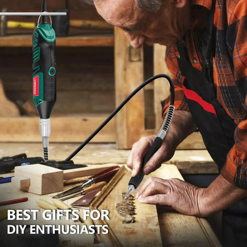 Do-It-All 180W Rotary Tool Kit With Flex Shaft in use for wood carving in workshop