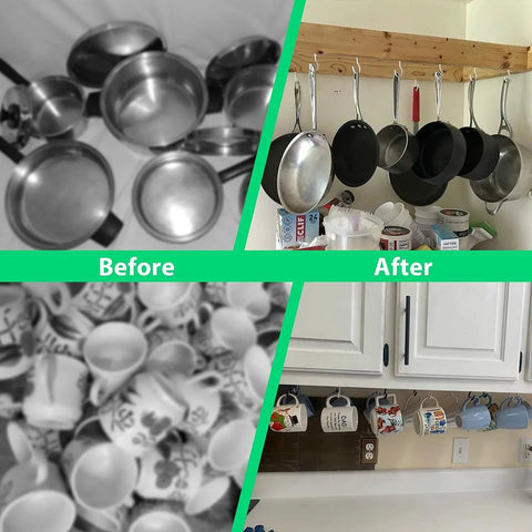 Before and after image of organized kitchen with pots and cups using 20 Pack Ceiling Hooks For Hanging Plants Two Point Nine Inch Screw In Hooks White Vinyl Coated Heavy Duty Indoor Outdoor Use Includes Plastic Hollow Pipes Ideal For Christmas Lights Cups Decor And Other Lightweight Items.
