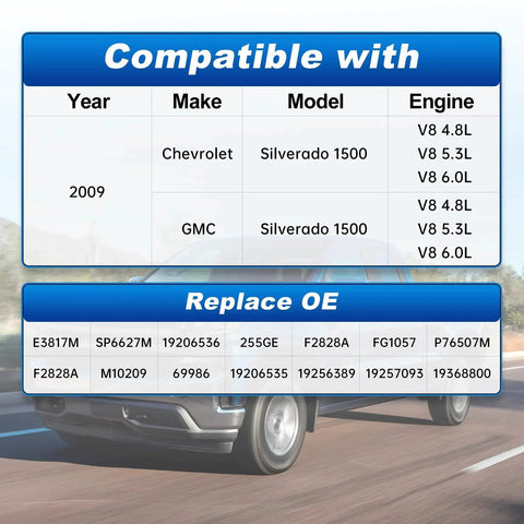 Compatibility chart for Fuel Pump Assembly With Sending Unit For Chevrolet Silverado 1500 And GMC Sierra 1500 2009 V8 Engines